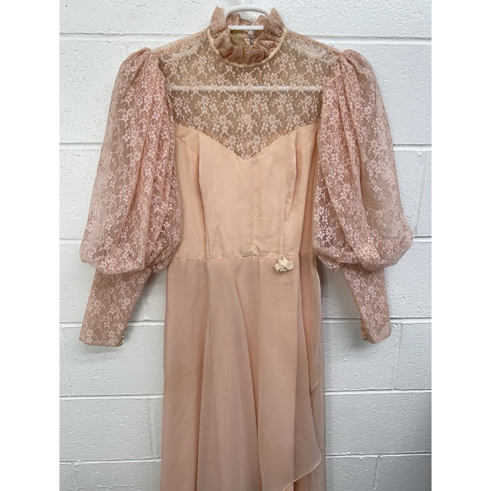 VTG 1970s Creations By Aria Prairie Peach Lace Dress Pink USA Sz 11/12 Lace Puff